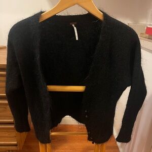 Free People Black Fuzzy Knit Cardigan Sweater - Size L